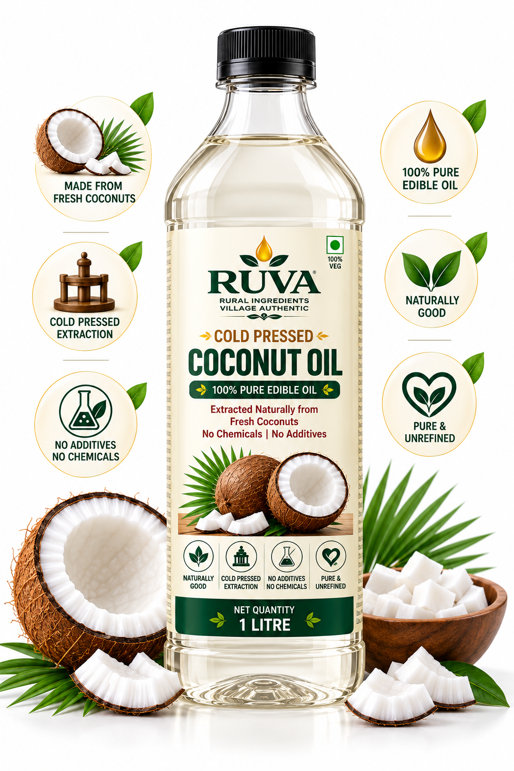 RUVA 1 Litre Cold Pressed Coconut Oil