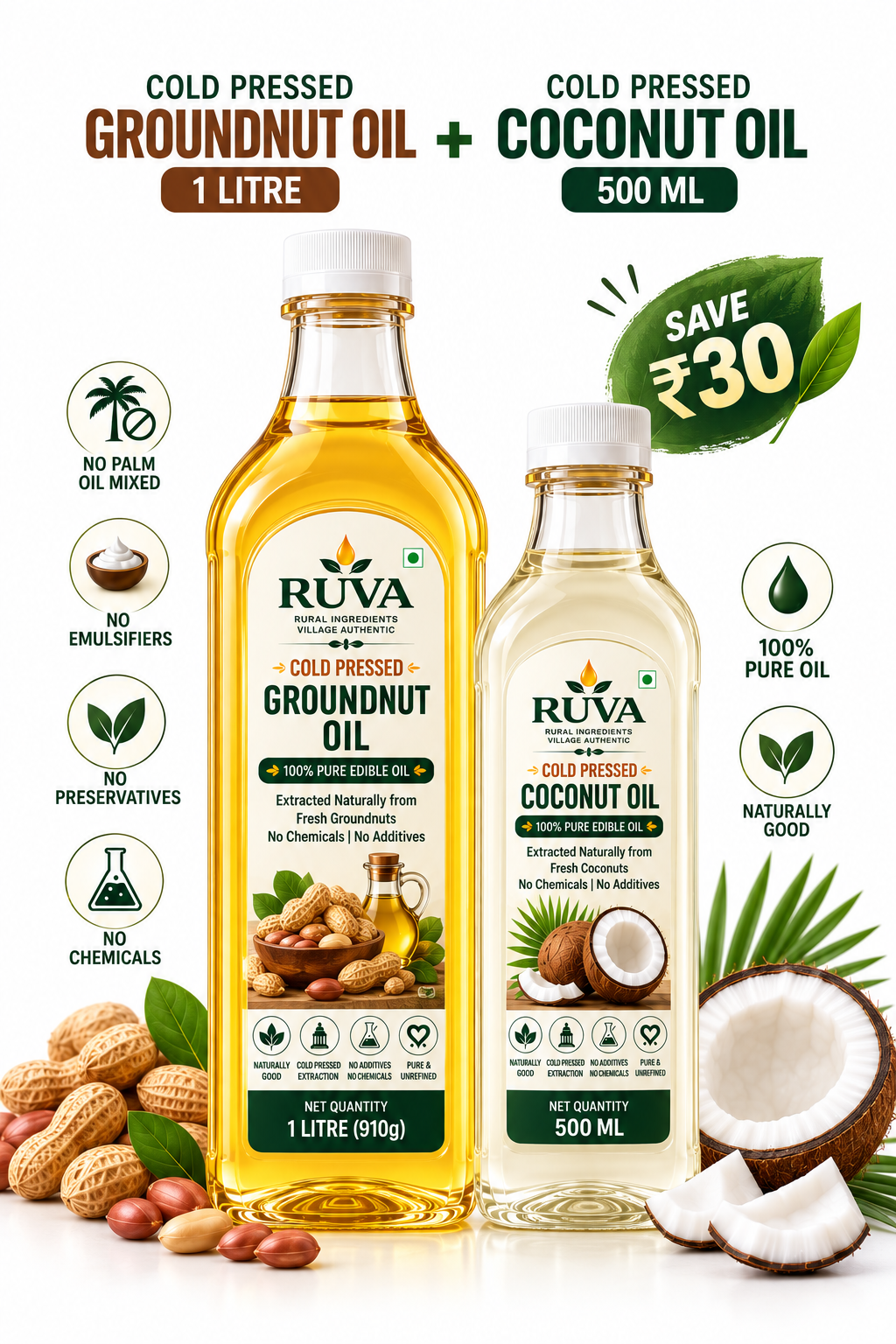 RUVA Best Seller Combo – 1L Groundnut Oil + 500ml Coconut Oil