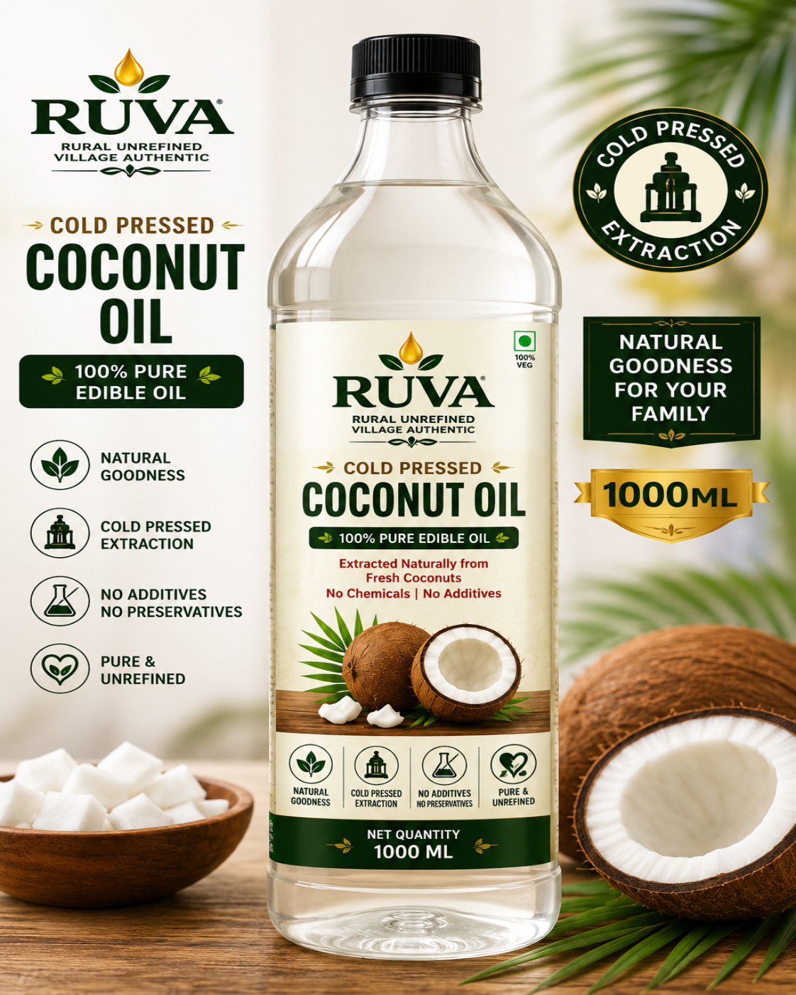 RUVA 1 Litre Cold Pressed Coconut Oil