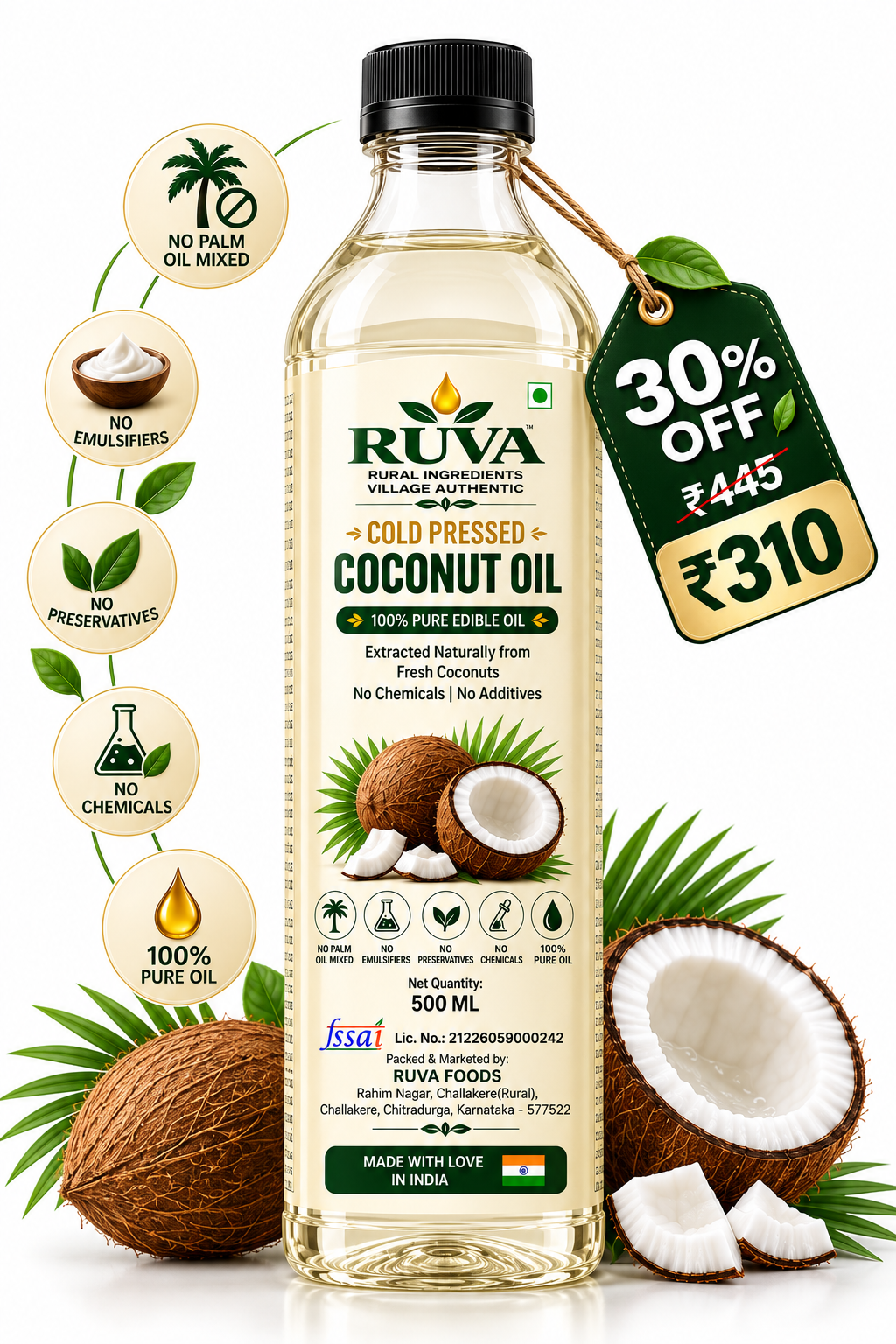RUVA 500ml Cold Pressed Coconut Oil
