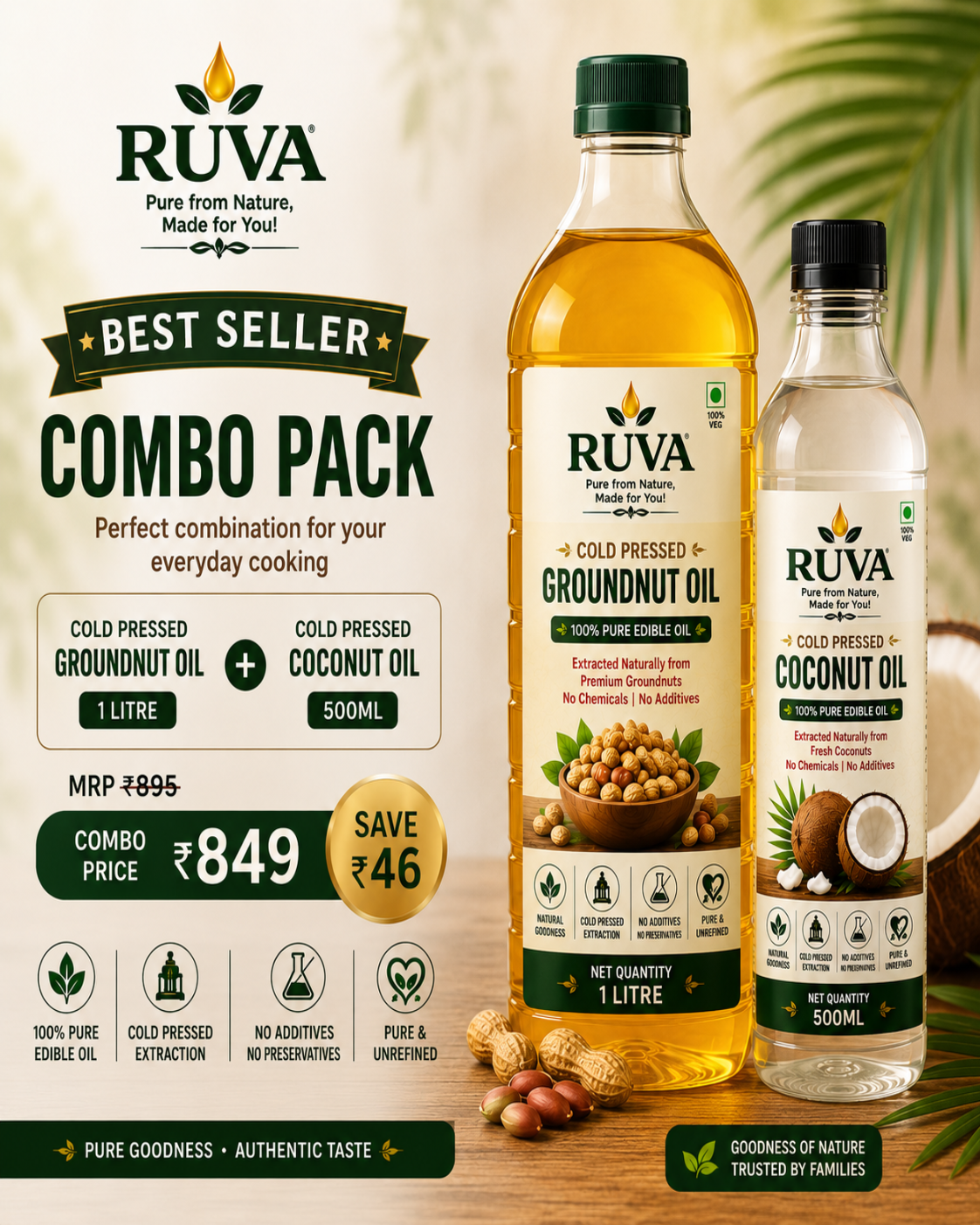 RUVA Best Seller Combo – 1L Groundnut Oil + 500ml Coconut Oil