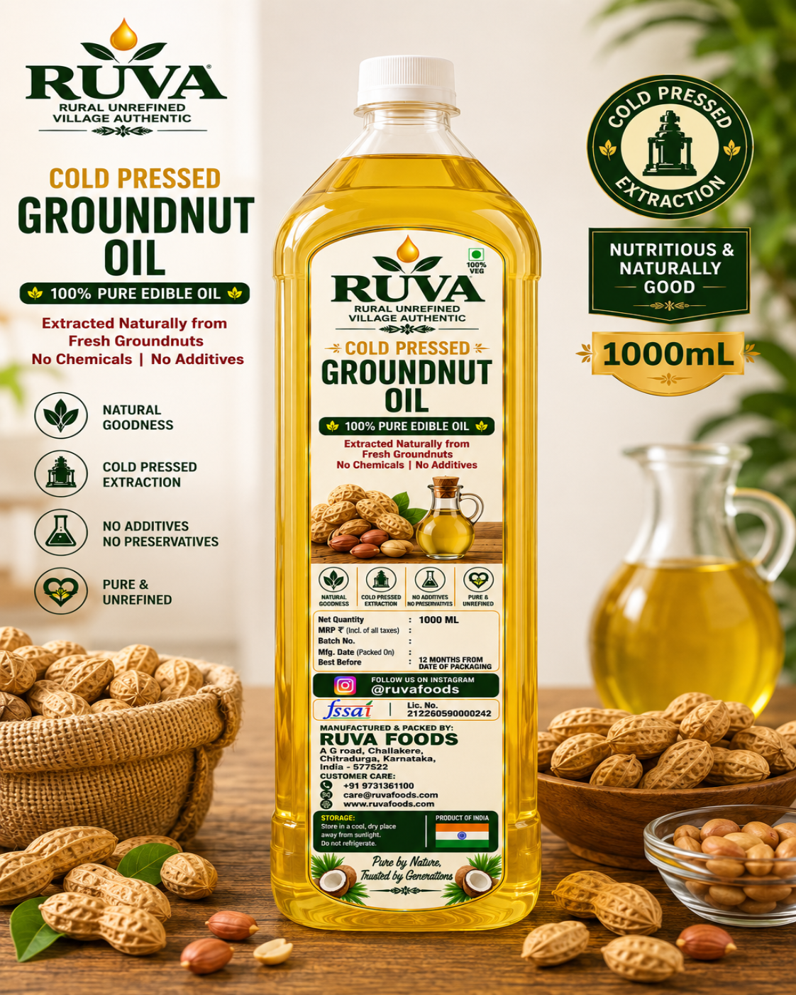 RUVA 1 Litre Cold Pressed Groundnut Oil