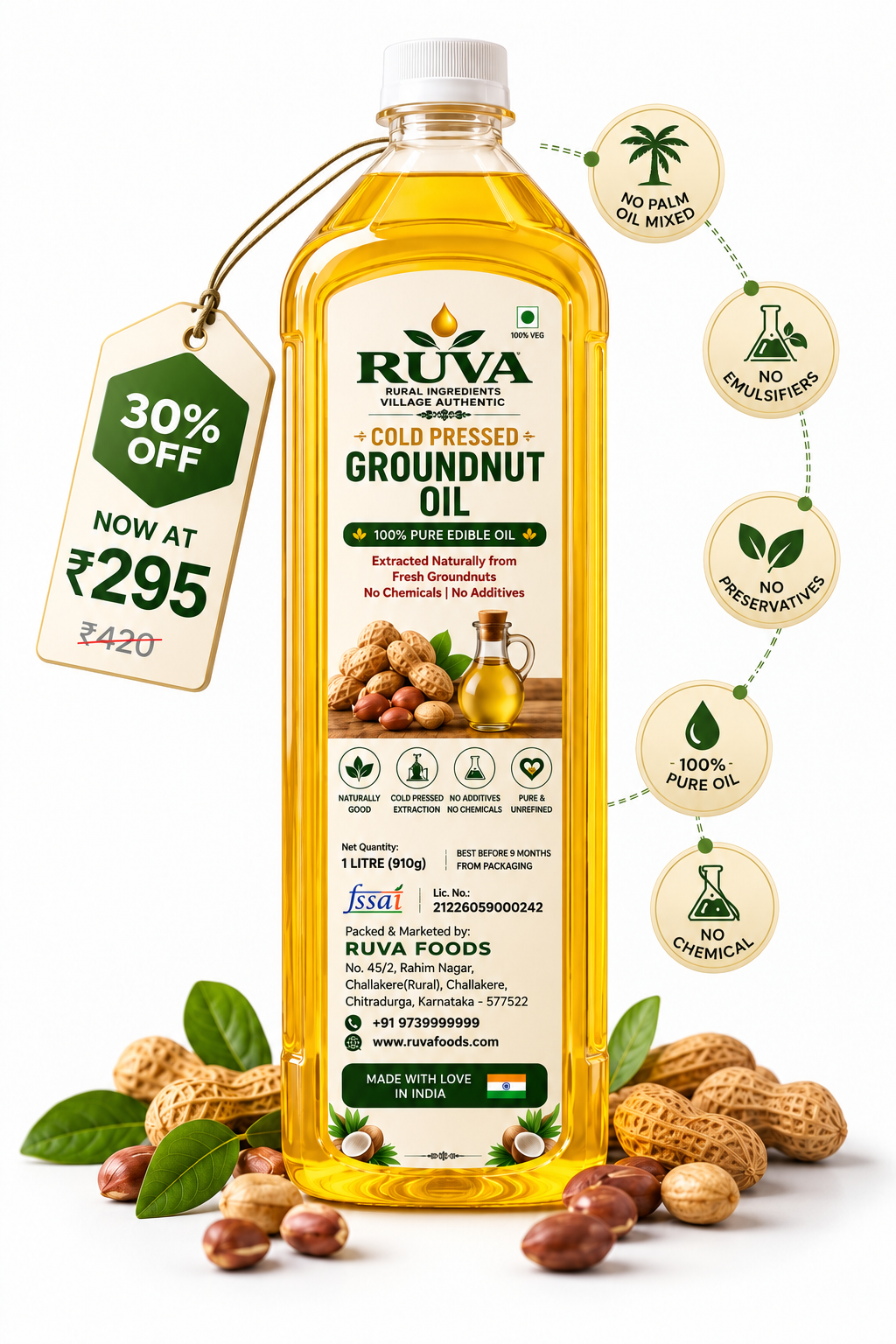 RUVA 1 Litre Cold Pressed Groundnut Oil